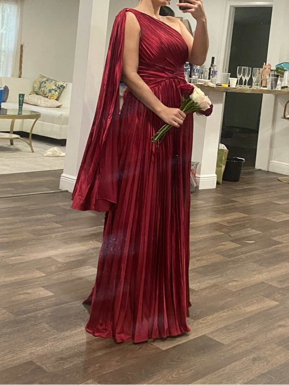 One-Shoulder Pleated Burgundy Formal Gown
